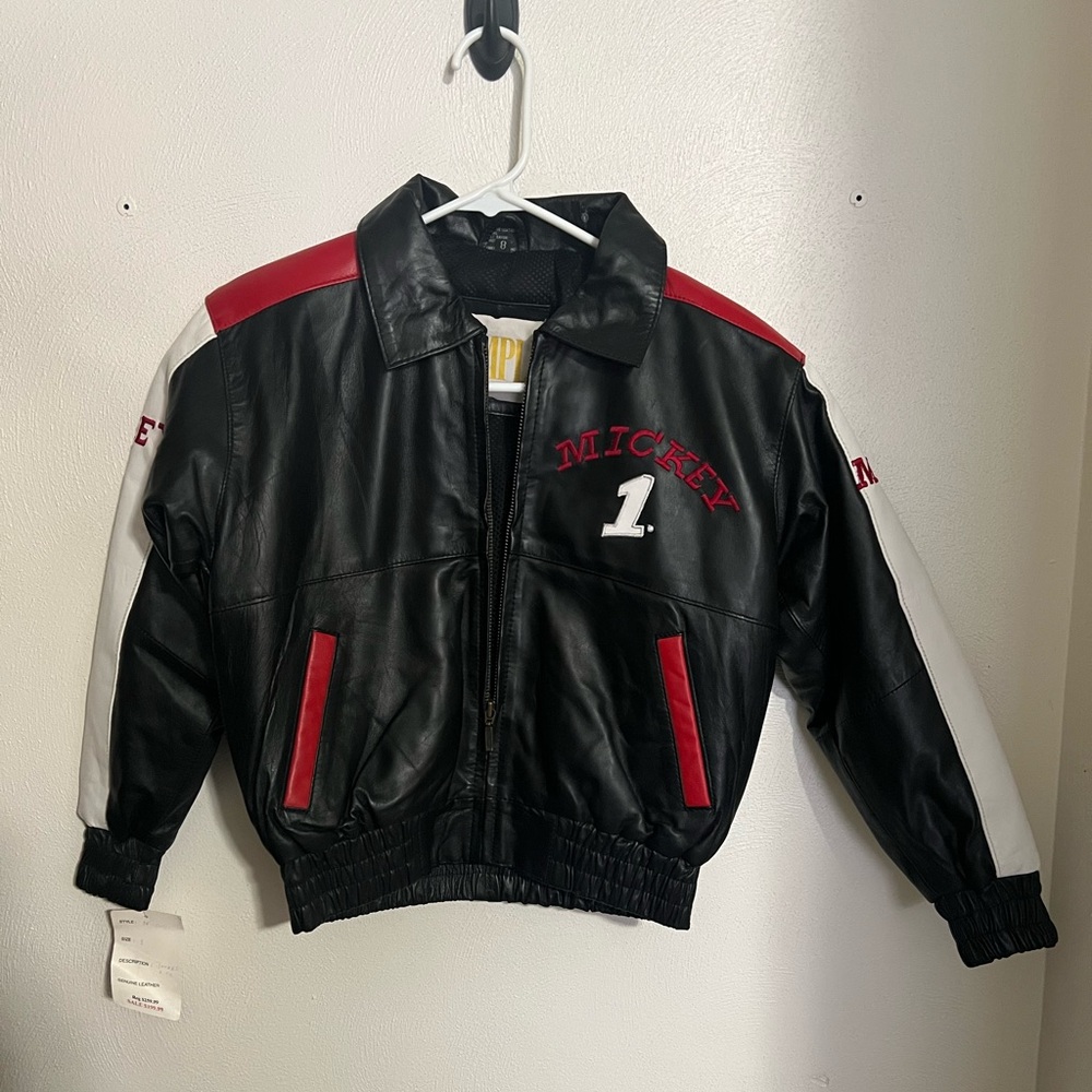 DISNEY Vintage 100% Genuine Leather Mickey Mouse Jacket Embroidered‎ Kids Sz 8